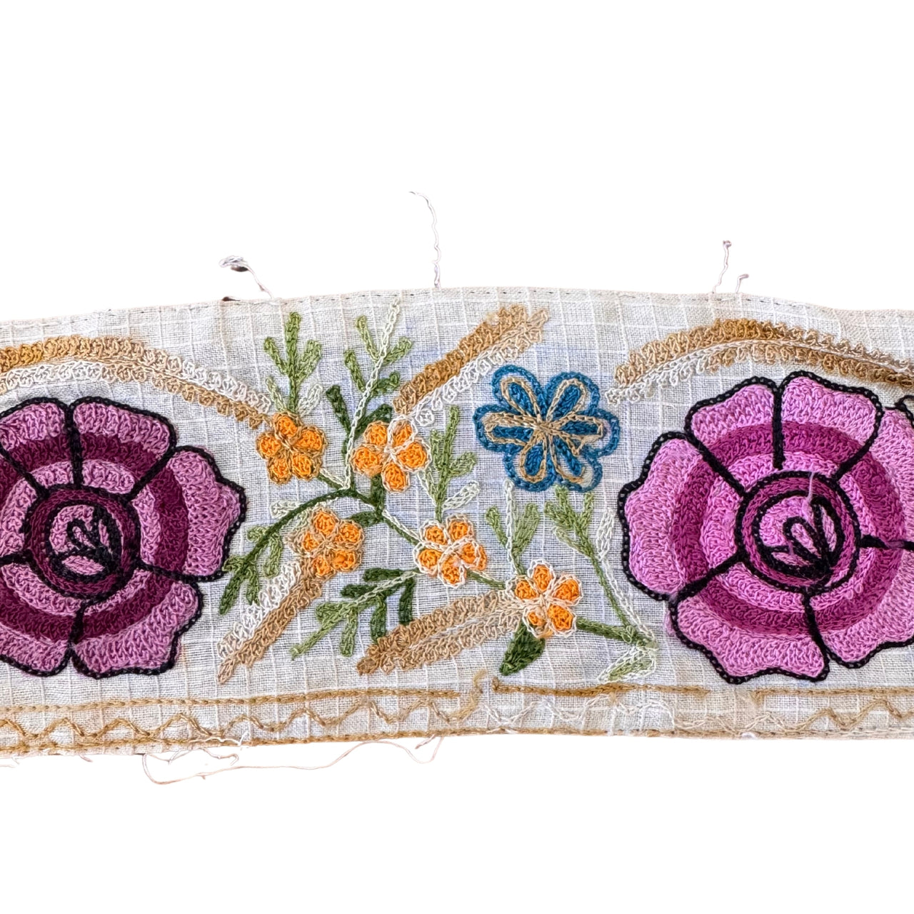 Embroidered fabric strip with flowers on a white background