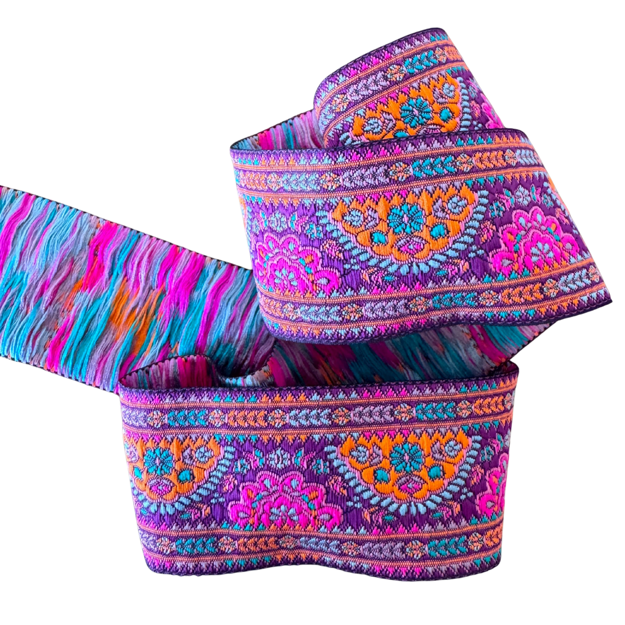 Colorful patterned fabric with a white background