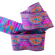 Colorful patterned fabric with a white background