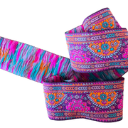 Colorful patterned fabric strip on a white background