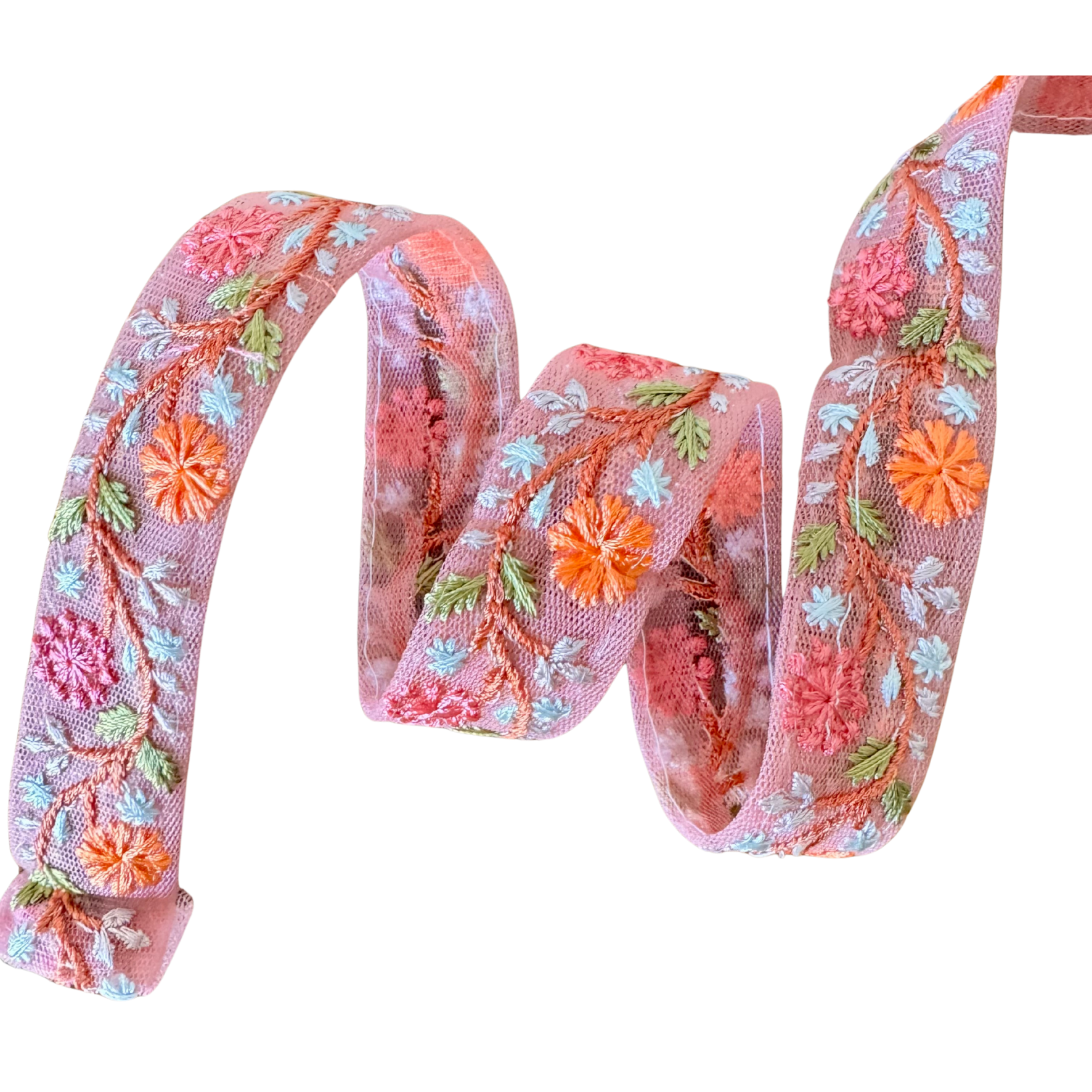 Decorative ribbon with floral embroidery on a white background