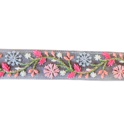 Decorative lace trim with floral and snowflake patterns on a white background