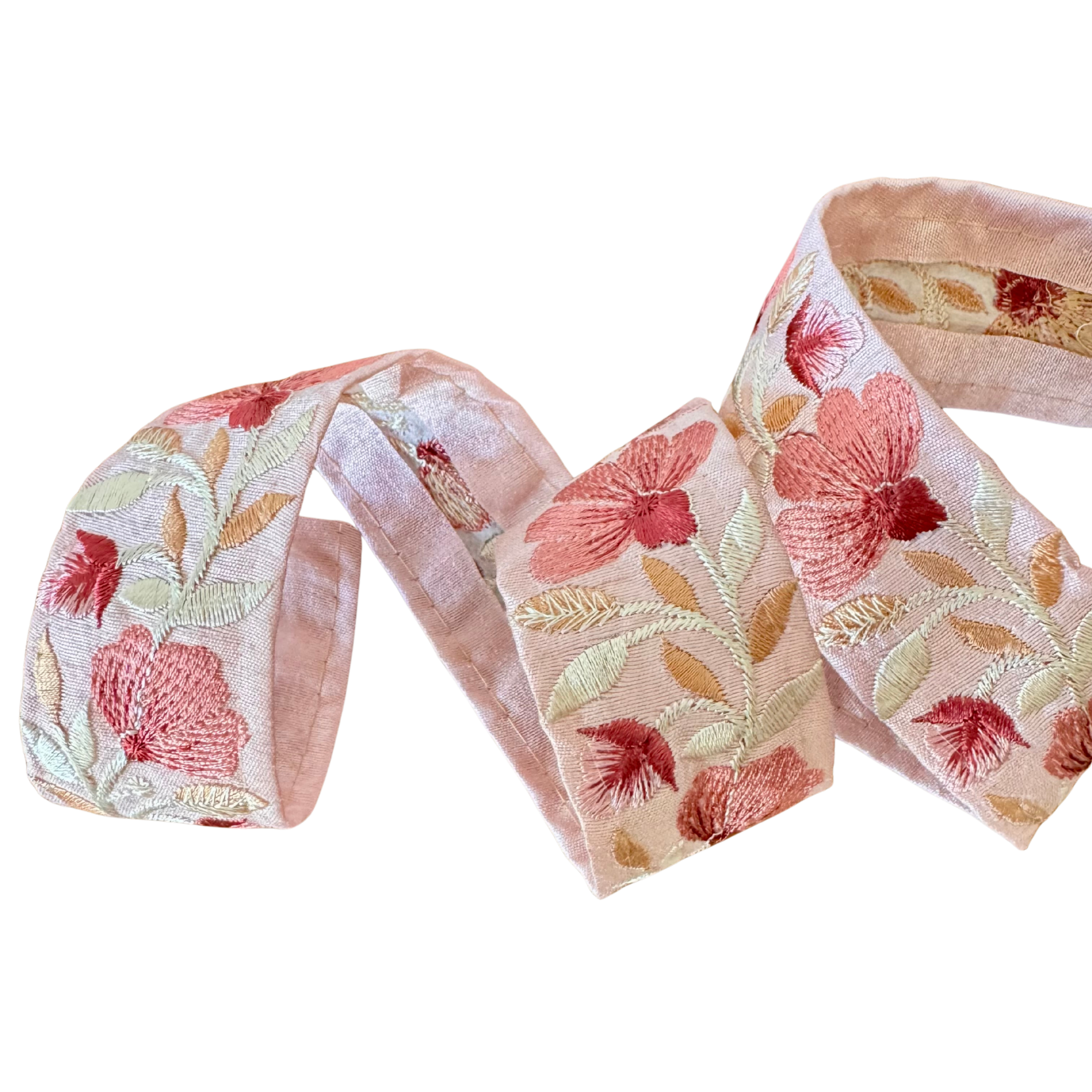 Floral embroidered ribbon on a white background
