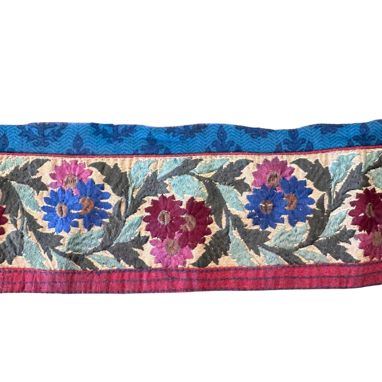 Decorative fabric strip with floral patterns on a white background