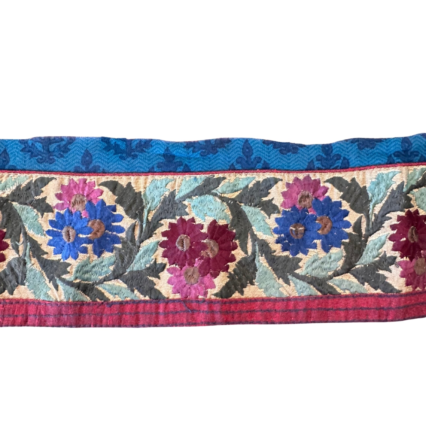Decorative fabric strip with floral patterns on a white background