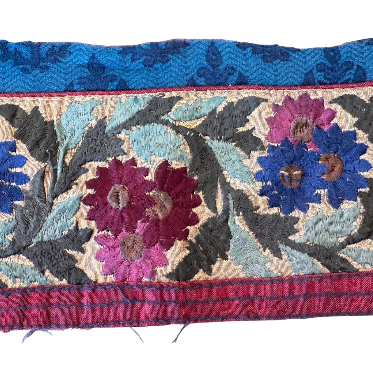 Embroidered fabric strip with floral patterns on a white background