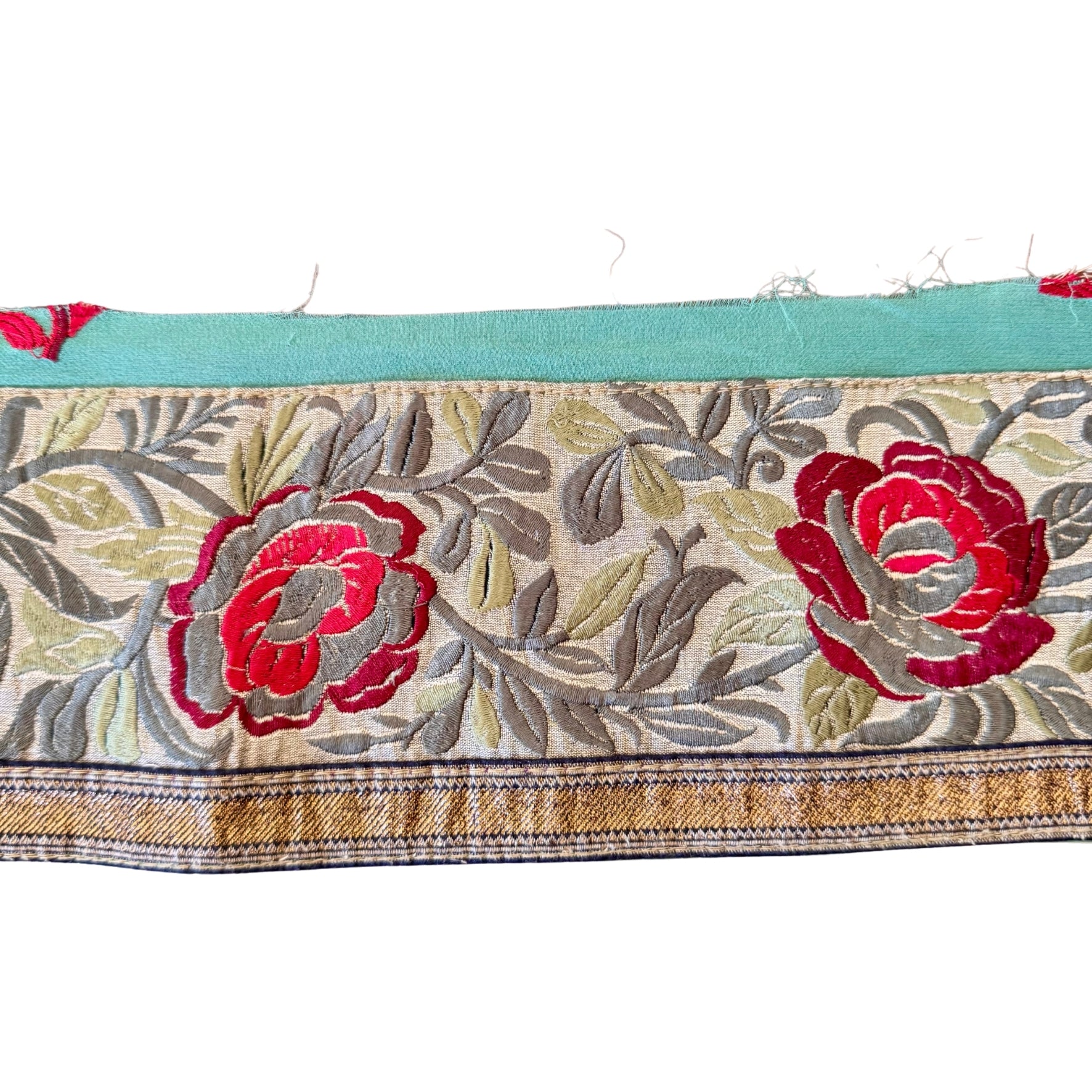 Floral patterned fabric strip with red flowers on a white background