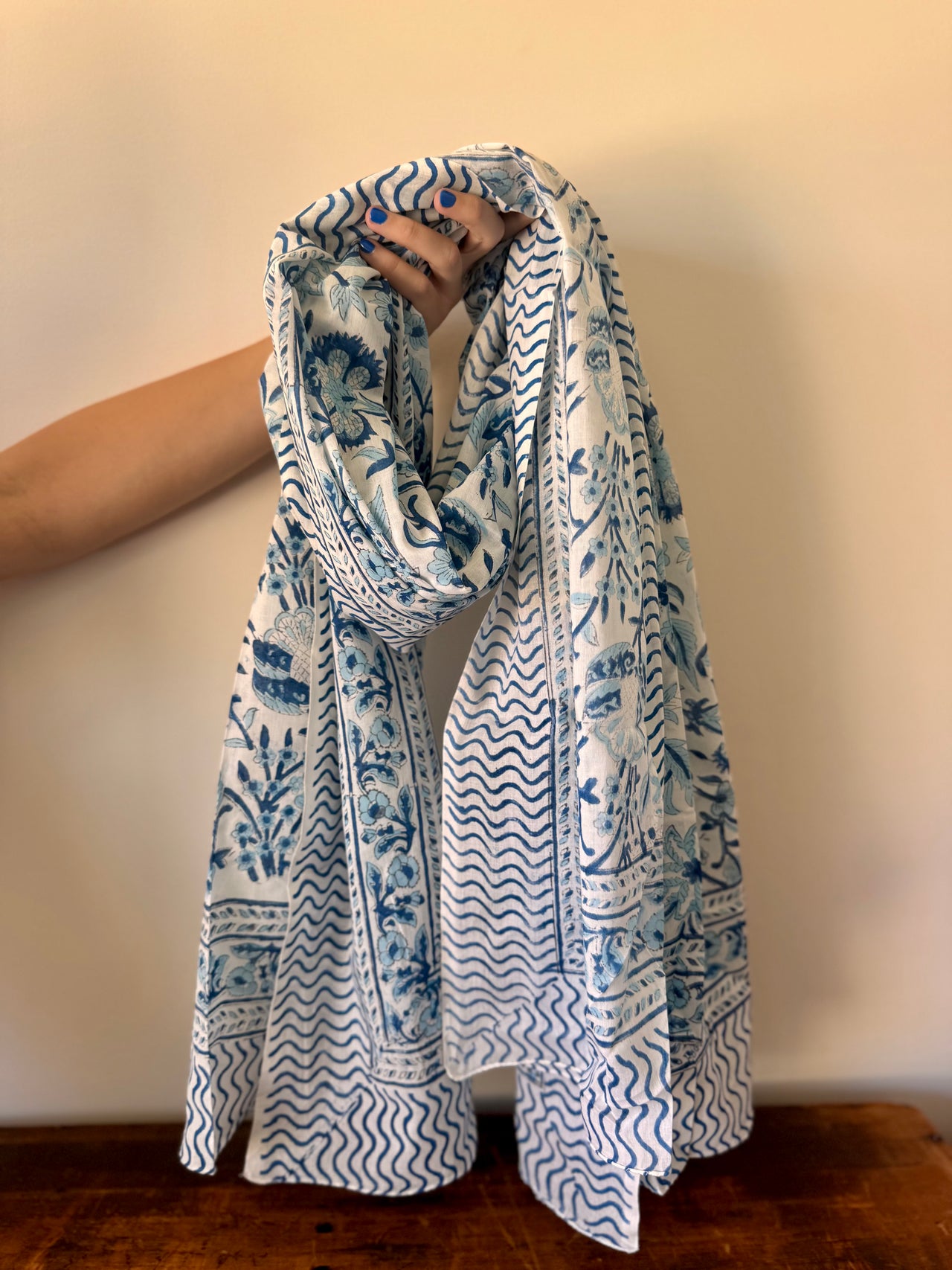 Block Print Cotton Sarong – Blue Floral