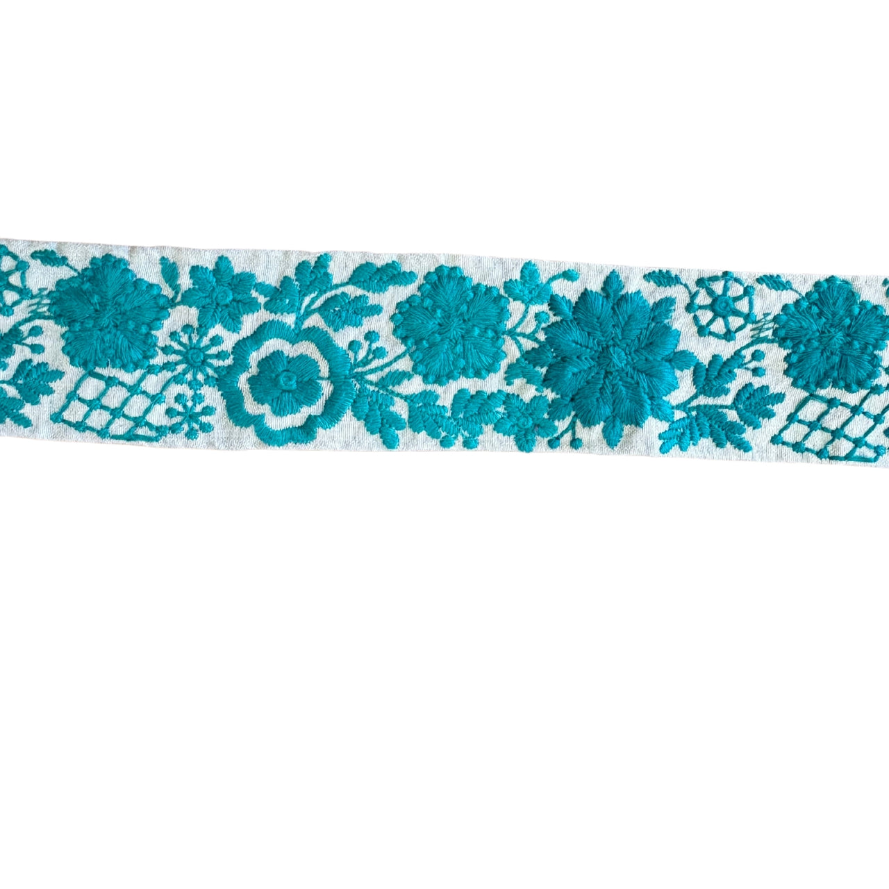 Teal floral lace trim on a white background