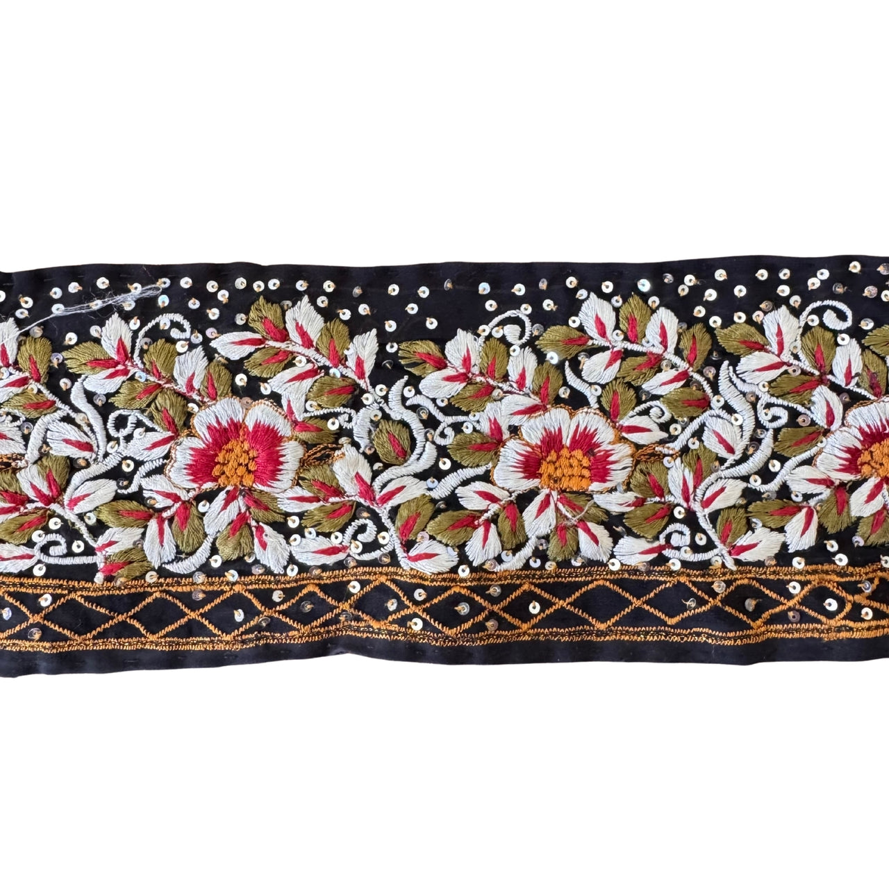 Decorative fabric trim with floral patterns on a black background