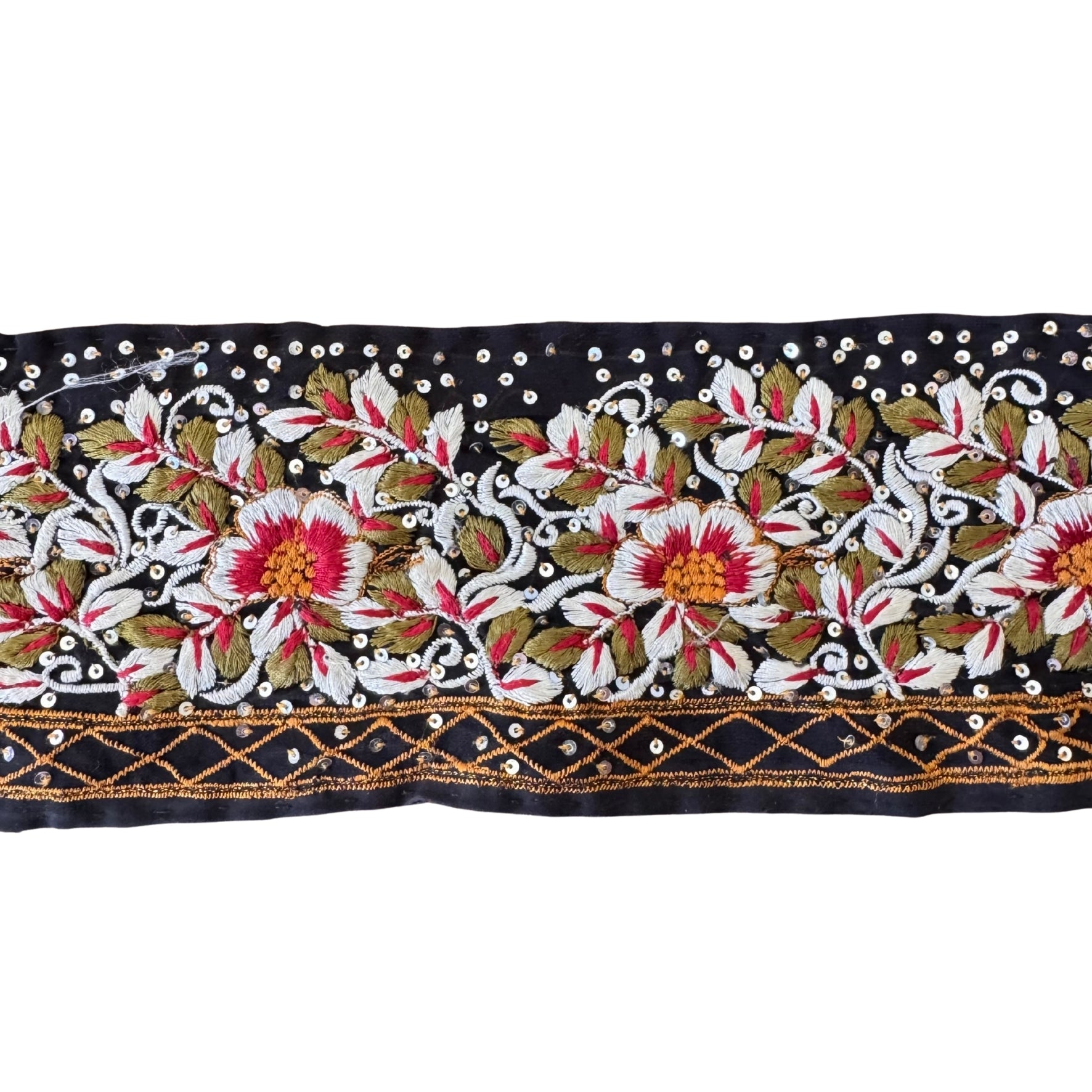 Decorative fabric trim with floral patterns on a black background