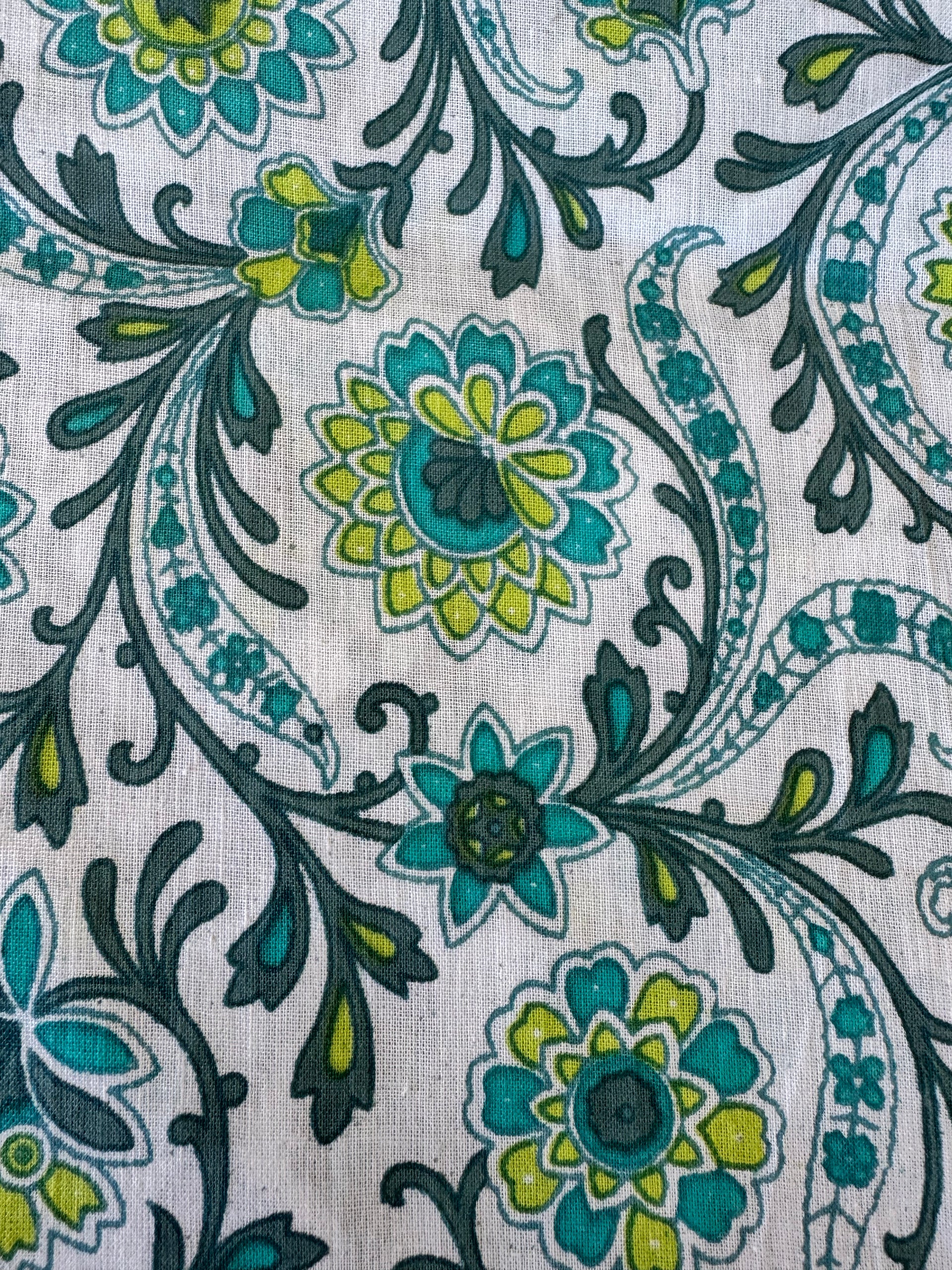 Close-up of a fabric with a floral paisley pattern in green, blue, and black on a white background.