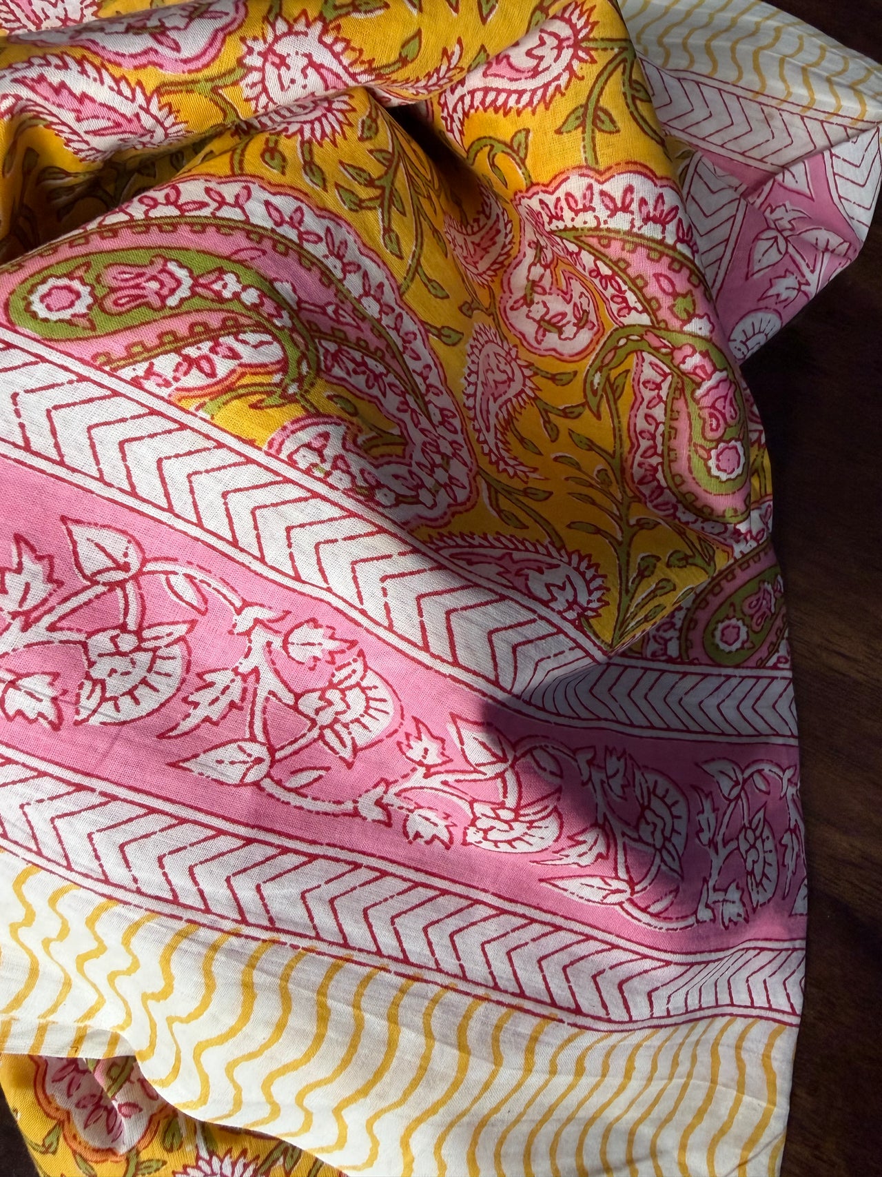 Block Print Cotton Sarong – Yellow with Pink & Green Paisley