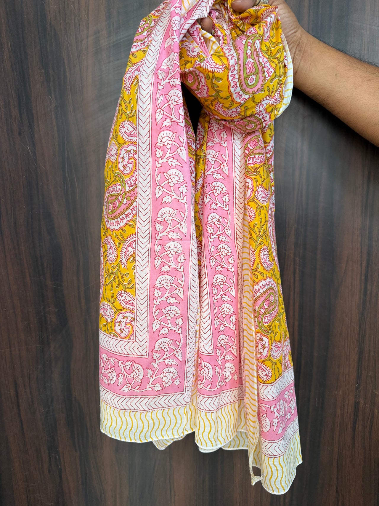 Block Print Cotton Sarong – Yellow with Pink & Green Paisley